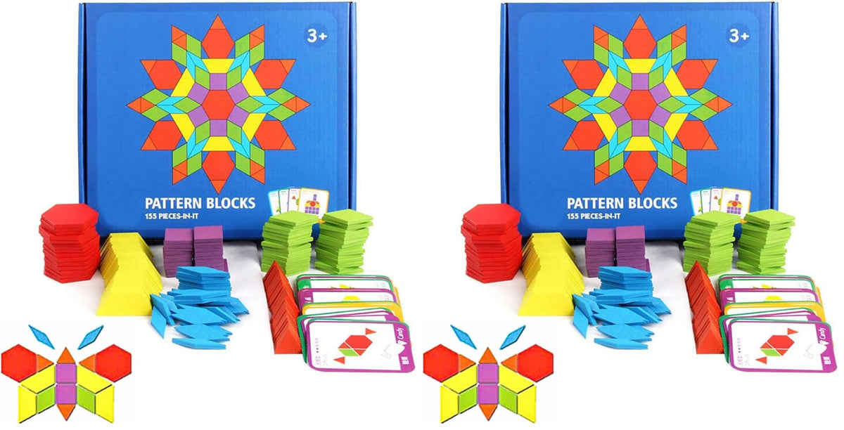 JCREN Wooden Pattern Blocks Geometric Tangram Shape Puzzle 155Pcs