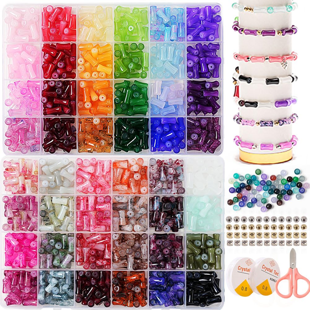 Glass Beads for Jewelry Making, 1300pcs + 8mm 48 Colors Round Crystal Glass Beads Bracelet Making Kit, Bead Starter Kit for Birthday Holiday Art Crafts Gifts