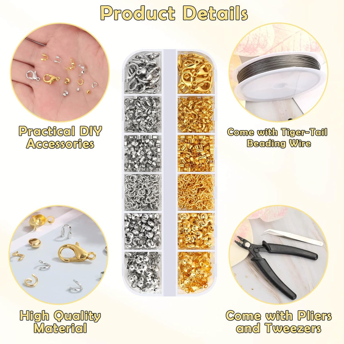 Acejoz 1203 Pcs Crimp Beads Supplies for Jewelry Making, Including Crimp Covers, Crimp Tubes and Wire Guardians, Lobster Clasps, Jump Rings, Crimping Pliers and Beading Wire for Bracelets Making
