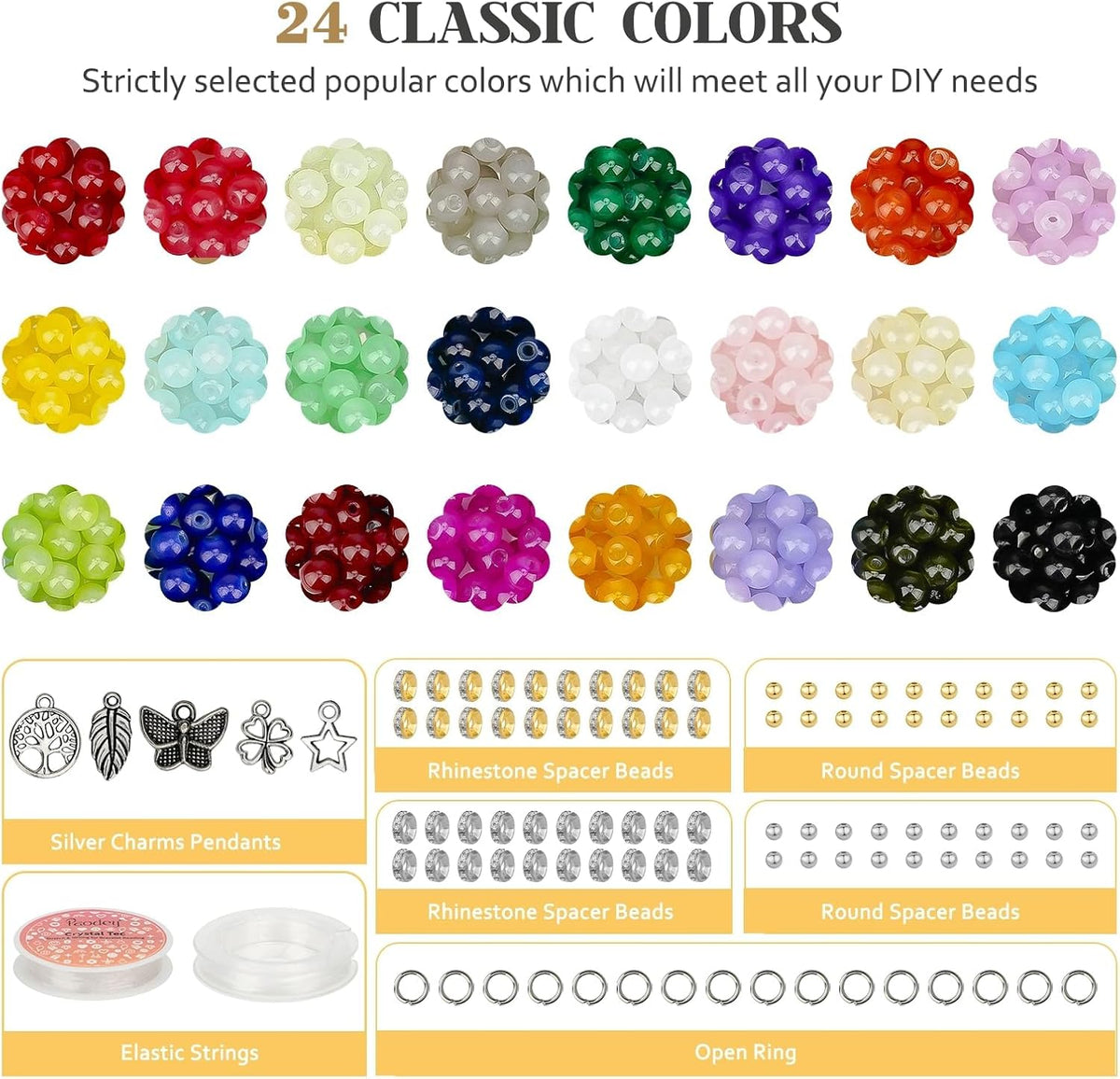 6mm Glass Beads Bracelet Making Kit 1400pcs, 24 Colors Crystal Beads for Jewelry Making Round Beads DIY Crafts with Spacer Beads Charms Accessories