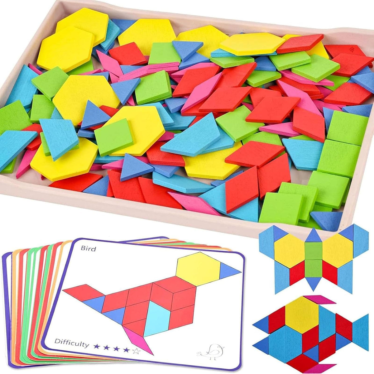3 Otters 150Pcs Wooden Pattern Blocks Set, Geometric Tangram Shapes