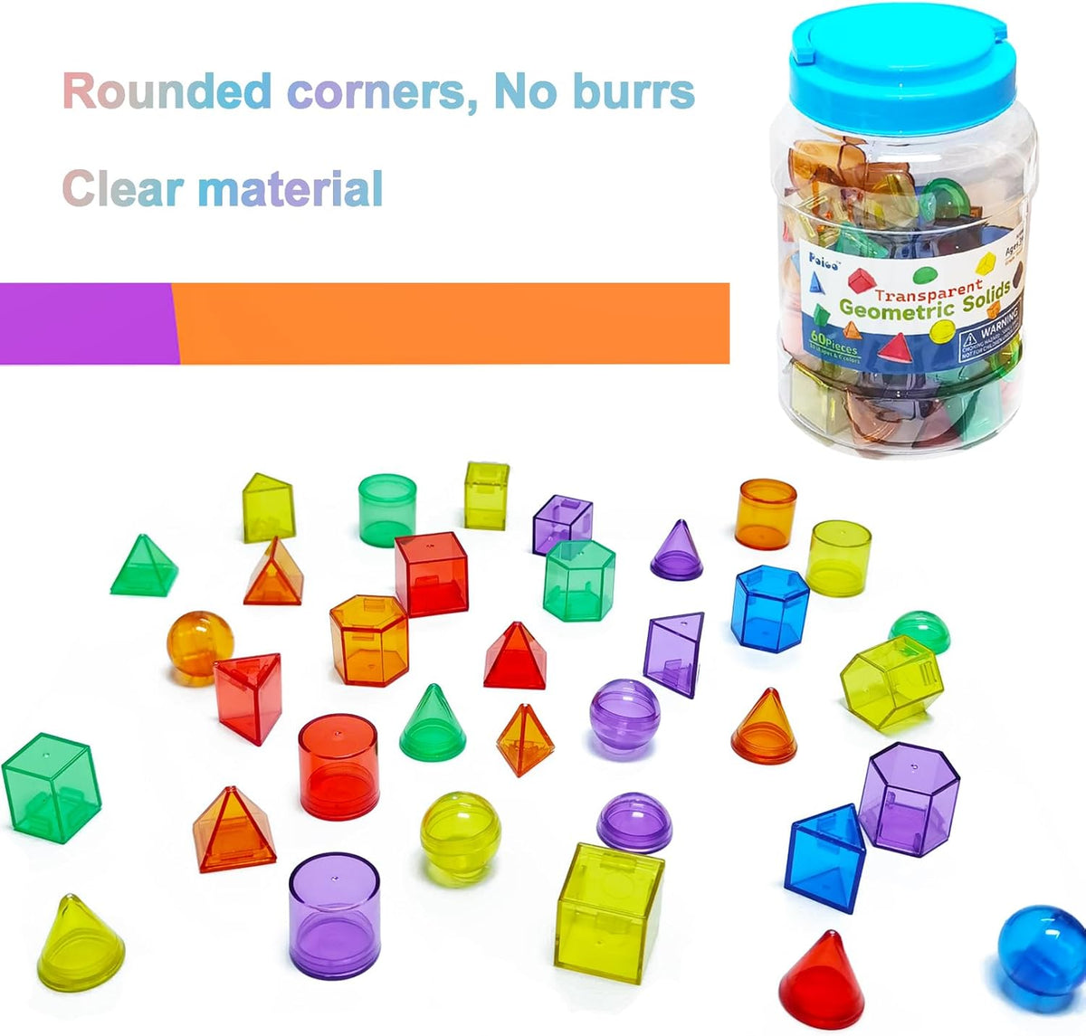 EXBEPE 3D Geometric Solids 60 Pcs for Kids Translucent Geometric Shapes for Geometry Beginnings,Light Table Manipulatives Toy Math Helper School Supplies