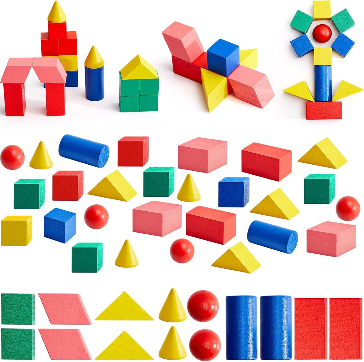 140 Pcs Mini 3D Shapes for Teaching, Wood Building Geometric Solids Blocks