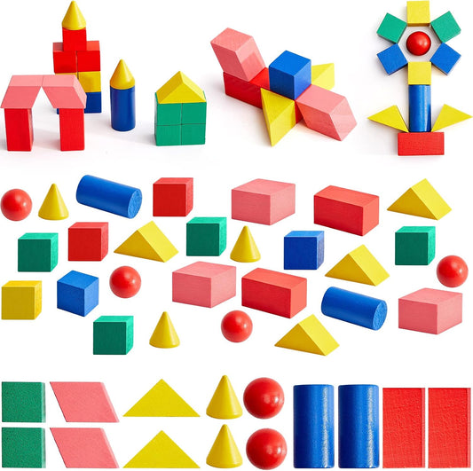 140 Pcs Mini 3D Shapes for Teaching, Wood Building Geometric Solids Blocks