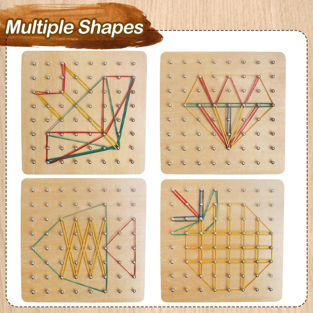 Wooden Geoboard, Montessori STEM Toy with Pattern Blocks for Kids Ages 3+