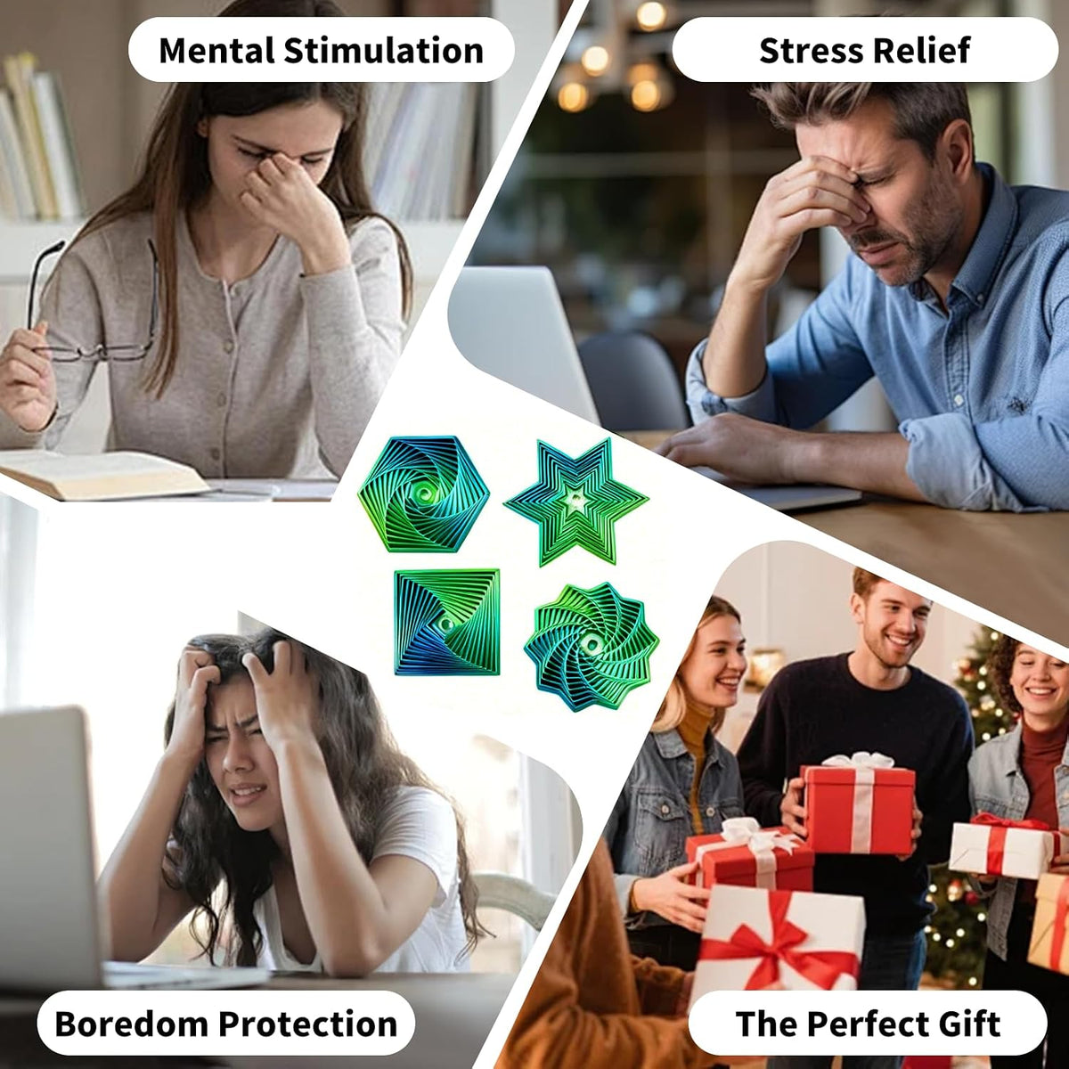 4PCS 3D Printed Fidget Toys for Adults – Multi-Layer Geometric Shapes with Handle, ASMR Clicking Sound, Stress Relief Toy for Anxiety & Focus (Gold+Green+Blue)
