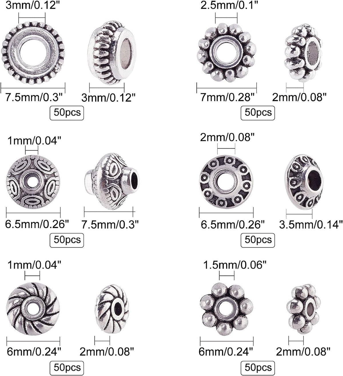 PH PandaHall 300pcs 6 Style Antique Silver Spacer Beads, Tibetan Metal Alloy Tube Spacers Flower Flat Rondelle Small Loose Beads for Bracelet Necklace Earring Jewelry Making Supplies