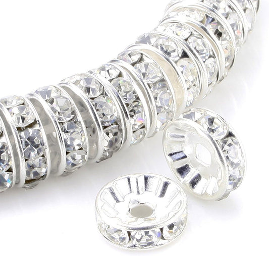 Allb 100Pcs Rondelle Spacer Beads 8mm Silver Plated Czech Crystal Rhinestone for Jewelry Making Loose Beads for Bracelets