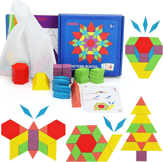 155 Pcs Wooden Pattern Blocks Set Geometric Shape Puzzle