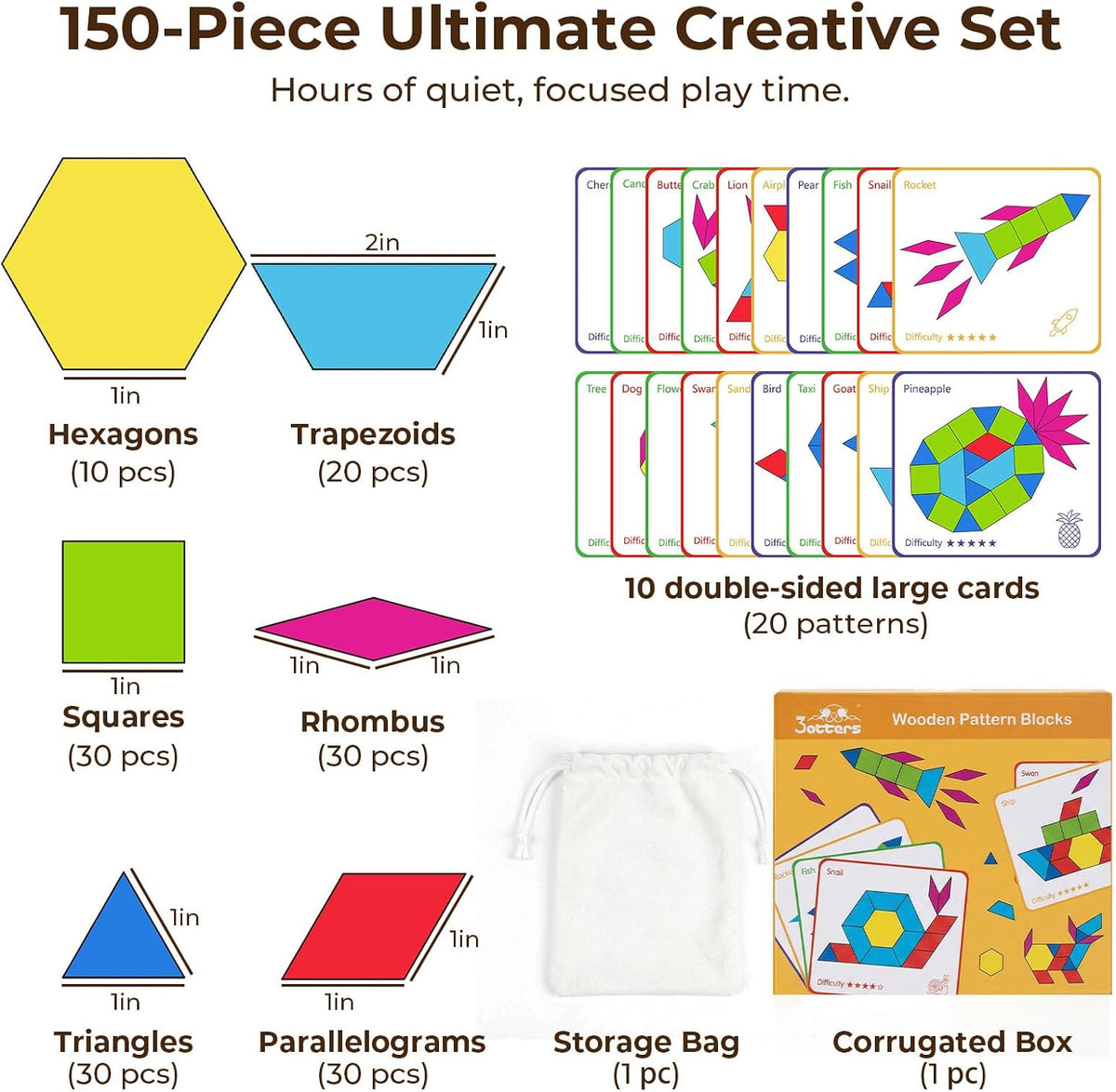 3 Otters 150Pcs Wooden Pattern Blocks Set, Geometric Tangram Shapes