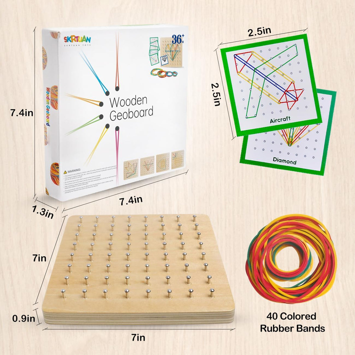 Wooden Geoboard, Montessori STEM Toy with Pattern Blocks for Kids Ages 3+