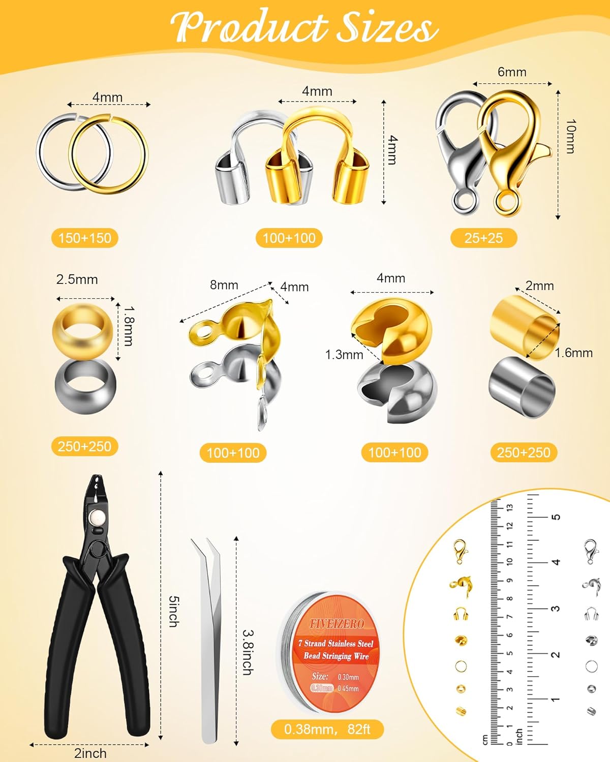 FIVEIZERO 1950 Pcs Jewelry Making Cord End Kit,Crimp Tube Beads with Organizer Box,Includes Crimp Beads, Cover, Lobster Clasp,Jump Ring,Wire Guardians,Crimping Pliers & Beading Wire for Bracelets