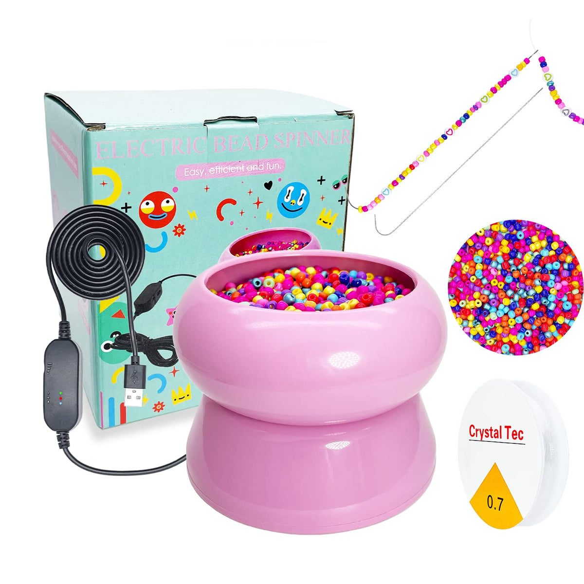 Xmada Electric Bead Spinner - Clay Bead Spinner with 2PC Beading Needles and Seed Beads, Waist Beads Kit, Bead Spinner for Jewelry Making, Electric | Speed Adjustment Beading Tools