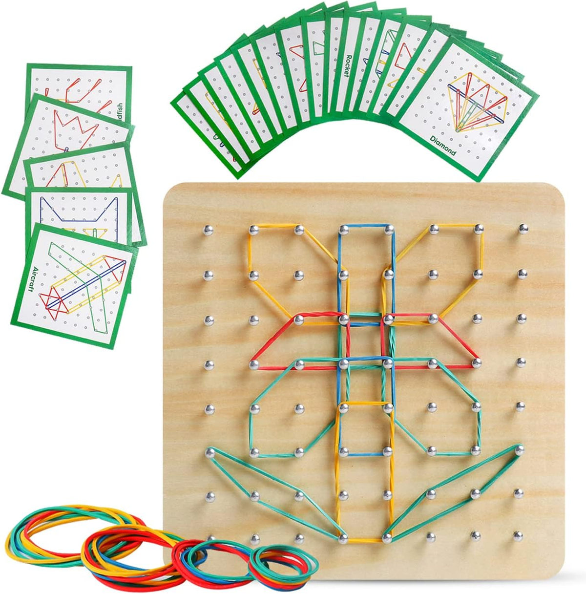 Wooden Geoboard, Montessori STEM Toy with Pattern Blocks for Kids Ages 3+