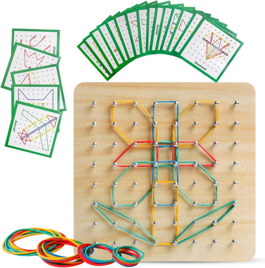 Wooden Geoboard, Montessori STEM Toy with Pattern Blocks for Kids Ages 3+