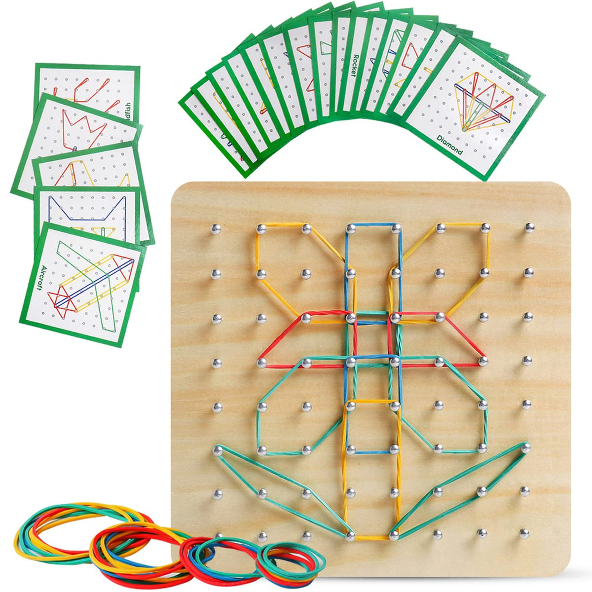 Wooden Geoboard, Montessori STEM Toy with Pattern Blocks for Kids Ages 3+