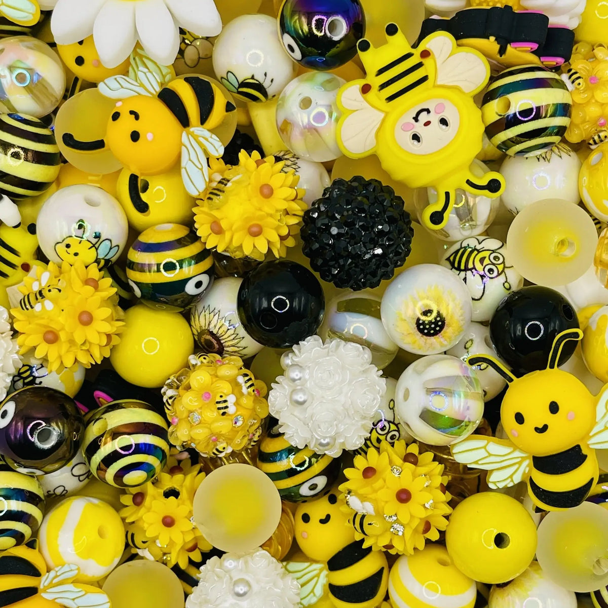 Bumble Bloom Bead Mix - Bee Silicone Beads & Yellow Black Themed Beads for DIY Crafts Mixed Acrylic Silicone Varies in Size Adjustable Beaded Design Beaded Mesh Beaded Tassel Charms