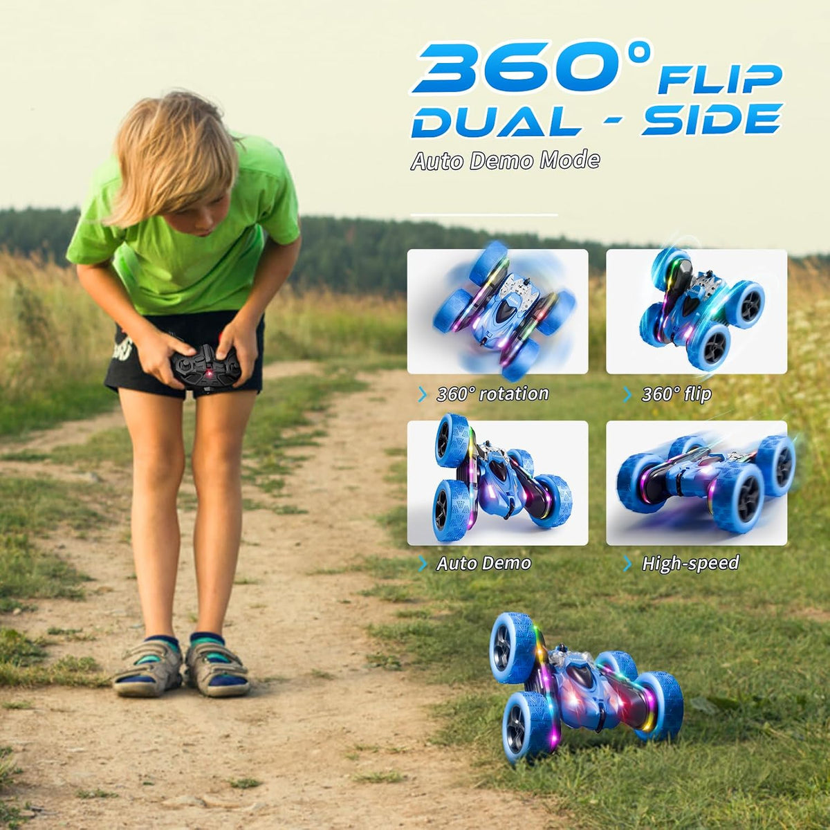 Remote Control Stunt Car 4WD 360° Flip Double‑Sided RC Cars, LED Light Bar, USB‑C Modular Battery, 2.4 GHz Outdoor Beach Toy for Boys 6‑12 Years Old, Birthday & Christmas Kids Gift, Blue