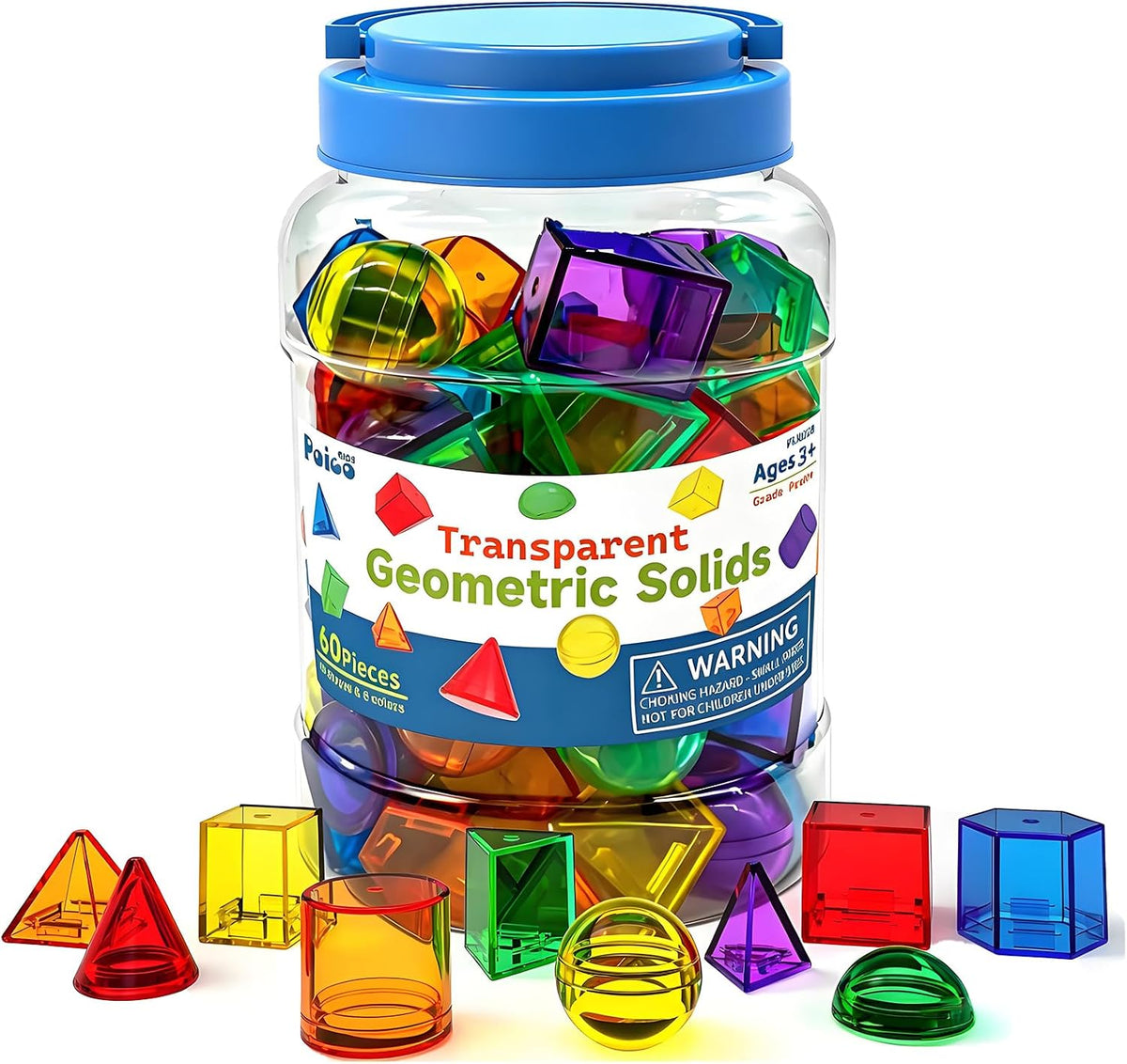 EXBEPE 3D Geometric Solids 60 Pcs for Kids Translucent Geometric Shapes for Geometry Beginnings,Light Table Manipulatives Toy Math Helper School Supplies