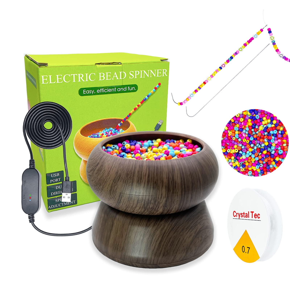 Xmada Electric Bead Spinner - Clay Bead Spinner with 2PC Beading Needles and Seed Beads, Waist Beads Kit, Bead Spinner for Jewelry Making, Electric | Speed Adjustment Beading Tools