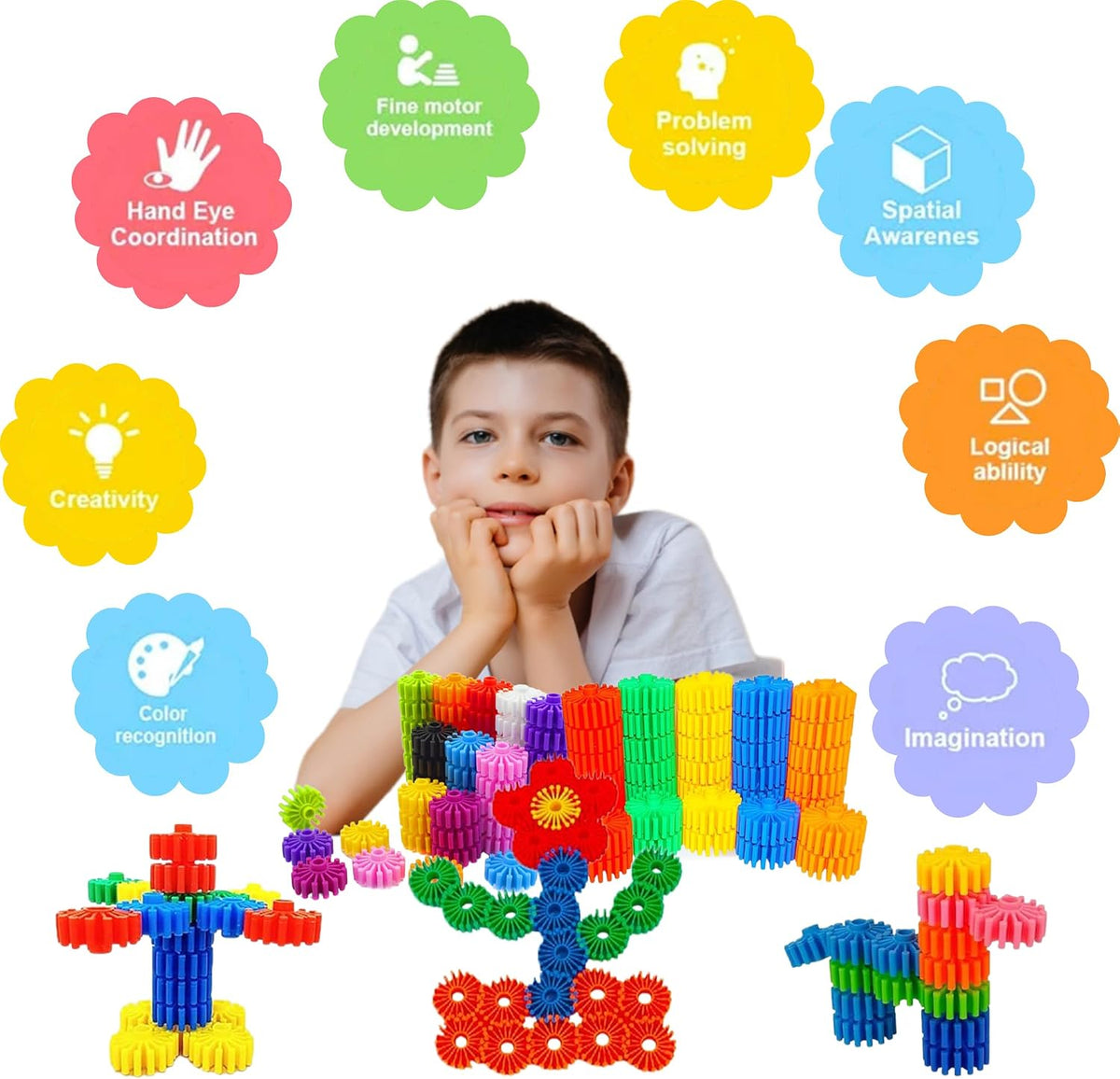 STEM Building Blocks Toys for Kids – Educational and Safe Gear Interlocking Construction Playset – Develop Creativity Preschool Brain Teaser Montessori Toys Gift for 3 4 5 Years Old Kids Boys Girls