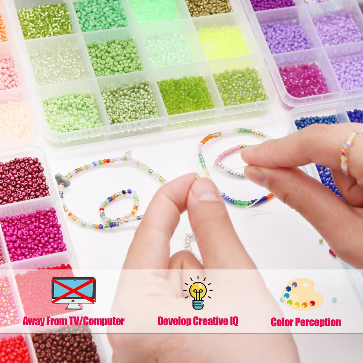 EuTengHao 57600pcs 2mm Glass Seed Beads Small Craft Beads for DIY Bracelet Necklaces Crafting Jewelry Making Supplies with Beading Needles Elastic Strings (144 Colors, 400Pcs Per Color)