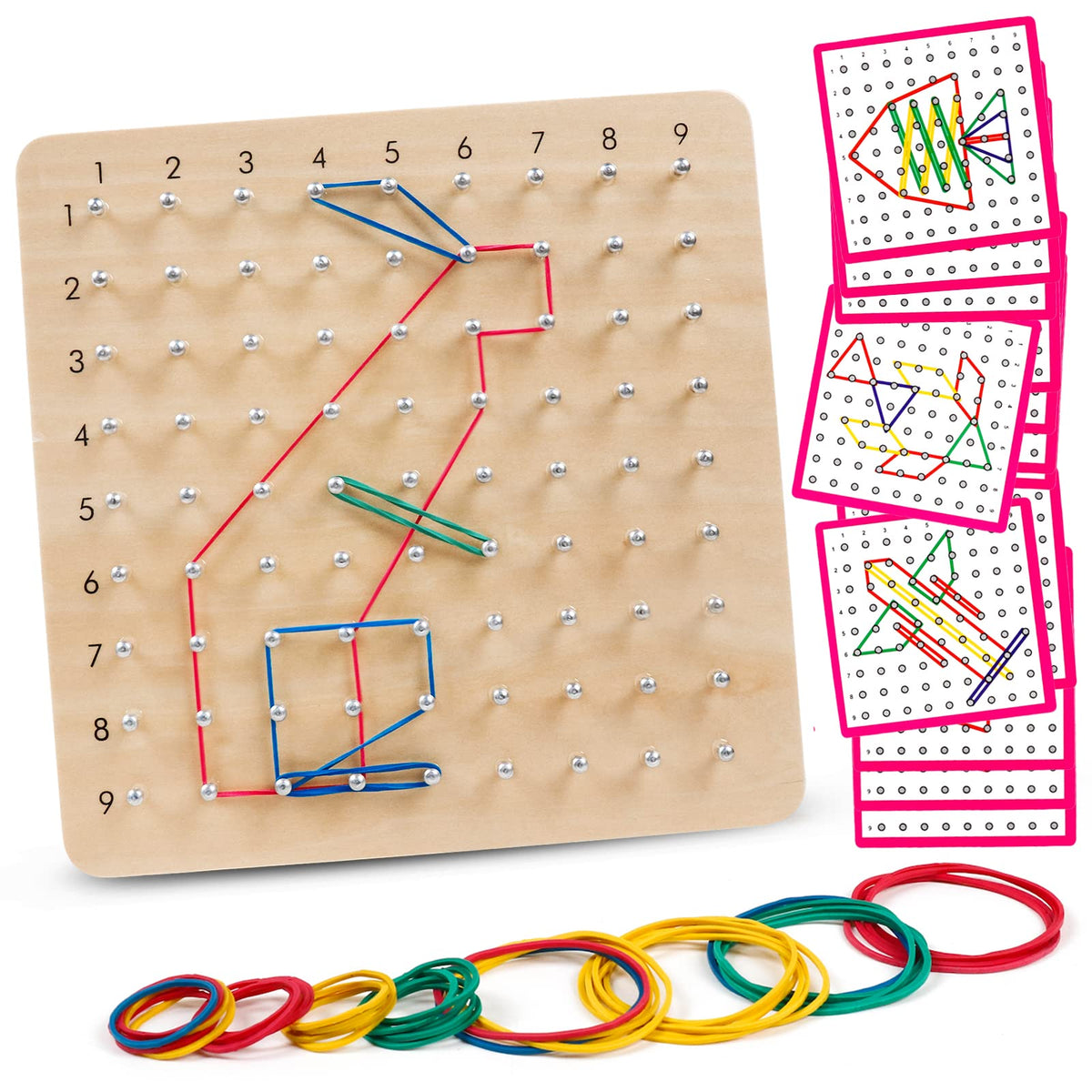 Wooden Geoboard, Montessori STEM Toy with Pattern Blocks for Kids Ages 3+