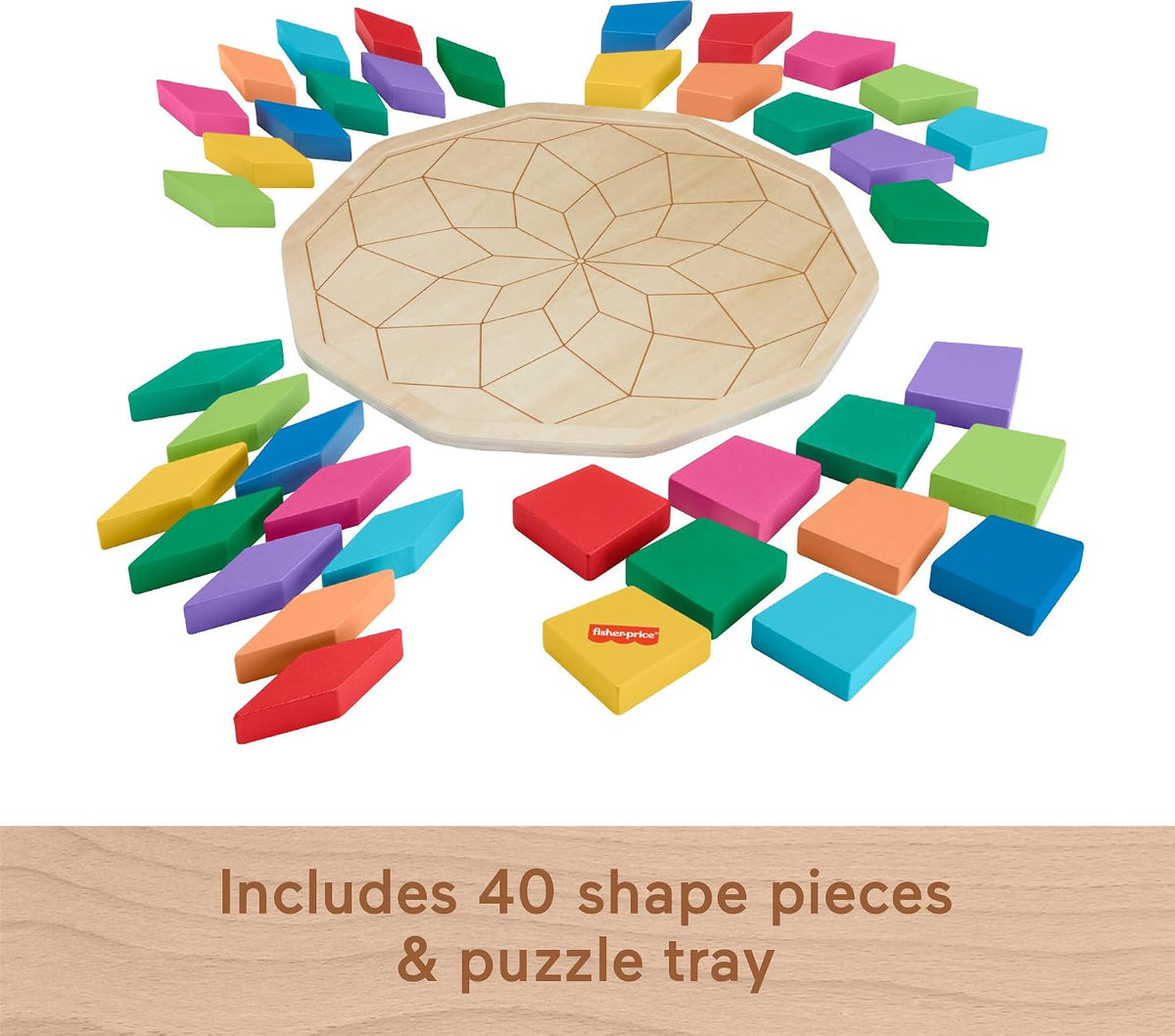 Fisher-Price Wood Preschool Toy Mandala Puzzle with Geometric Design, 41 Wooden Pieces for Kids Ages 3+ Years