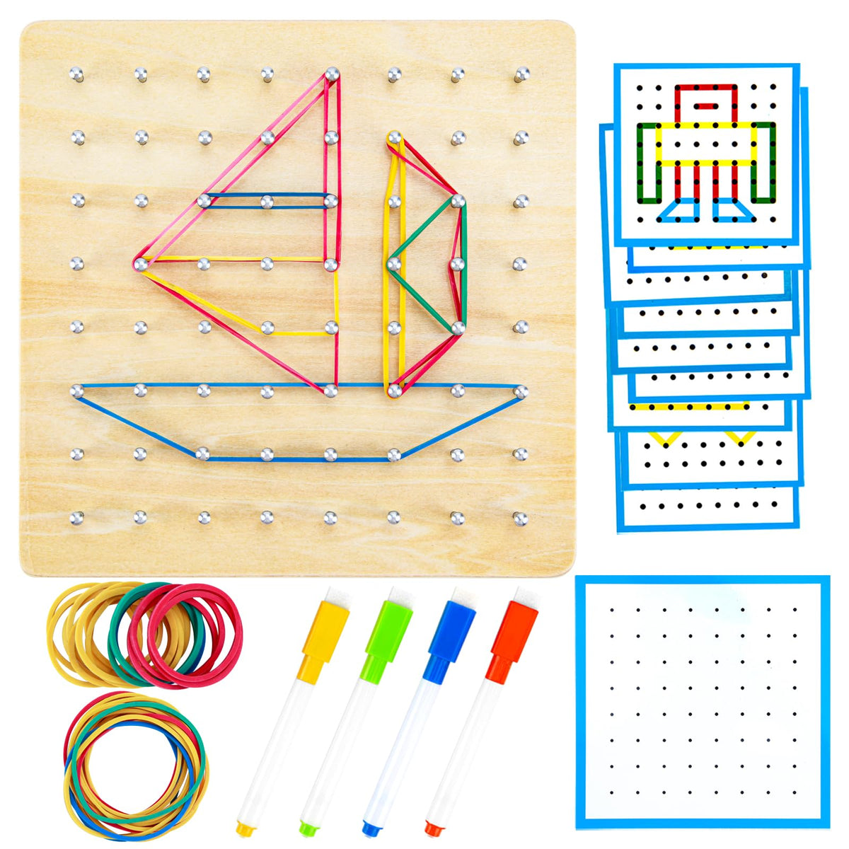 HEELWIRE Wooden Geoboard,Montessori Toy,Graphical Mathematical Education Toy for Kids with Pattern Cards and Rubber Bands to Figures and Shapes, Brain Teaser STEM Toy Geo Board (6 * 6 * 0.6 in)
