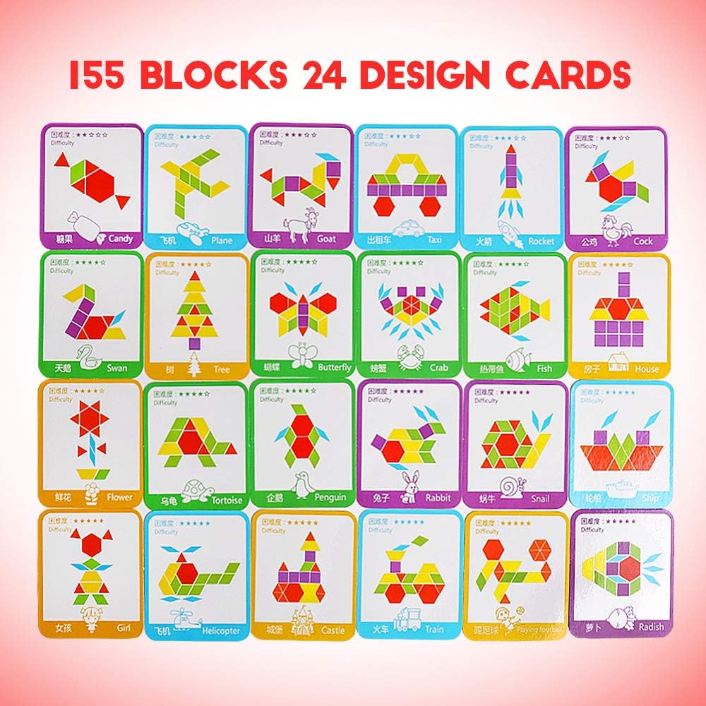 JCREN Wooden Pattern Blocks Geometric Tangram Shape Puzzle 155Pcs