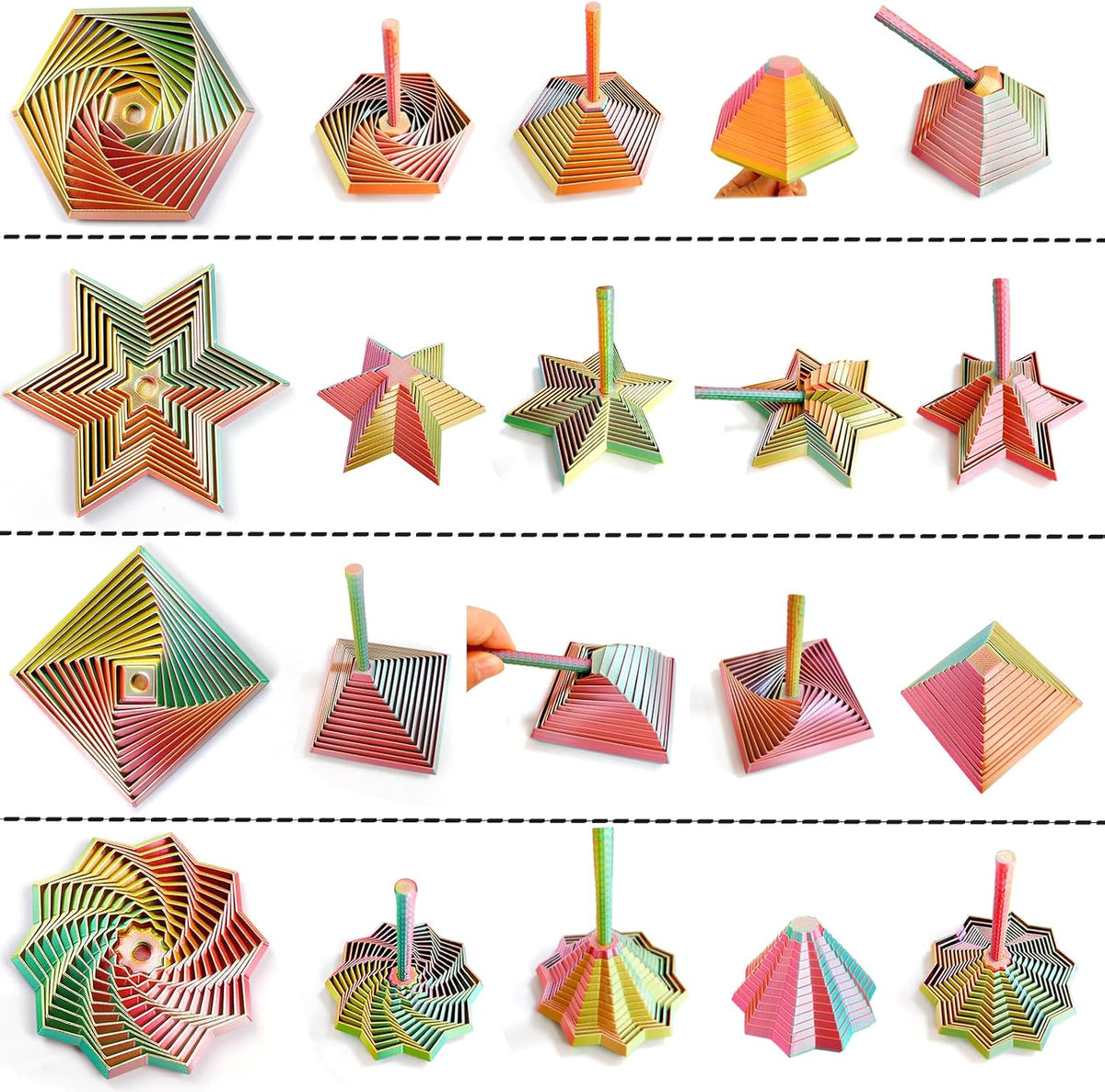 4PCS 3D Printed Fidget Toys for Adults – Multi-Layer Geometric Shapes with Handle, ASMR Clicking Sound, Stress Relief Toy for Anxiety & Focus (Gold, Green, Purple, Rainbow Finish)