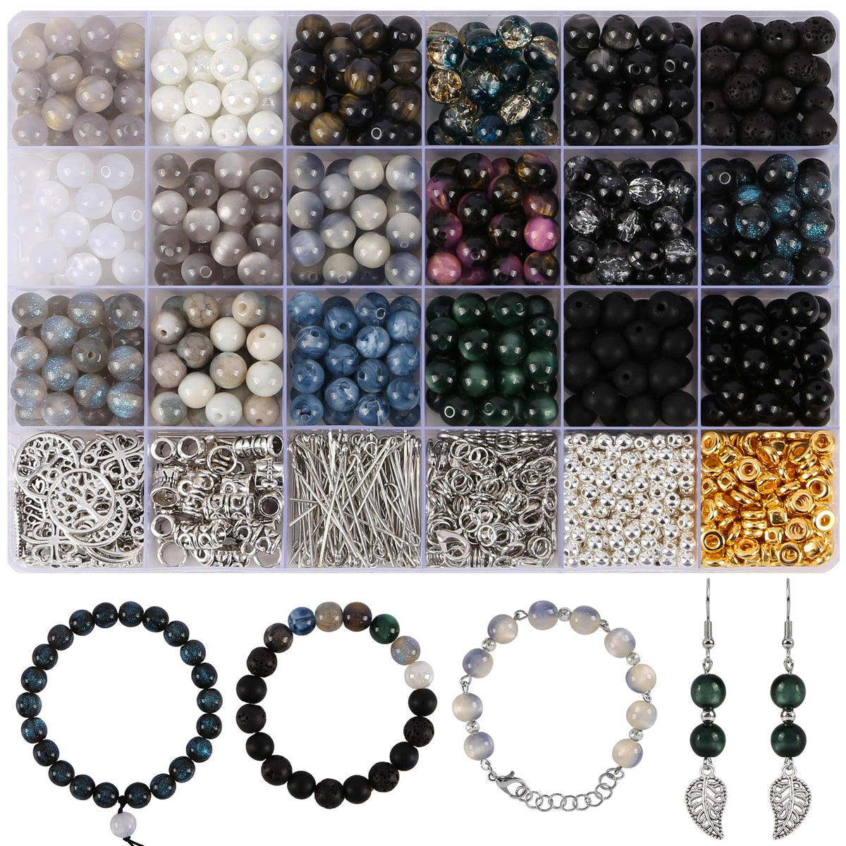 Glass Beads for Jewelry Making, 18 Colors Glass Beads for Bracelets Making kit Including 2-8mm Bead spacers/Lava Beads/Stone Rock DIY Jewelry Making Supplies for Adults (Thanksgiving, Christmas)