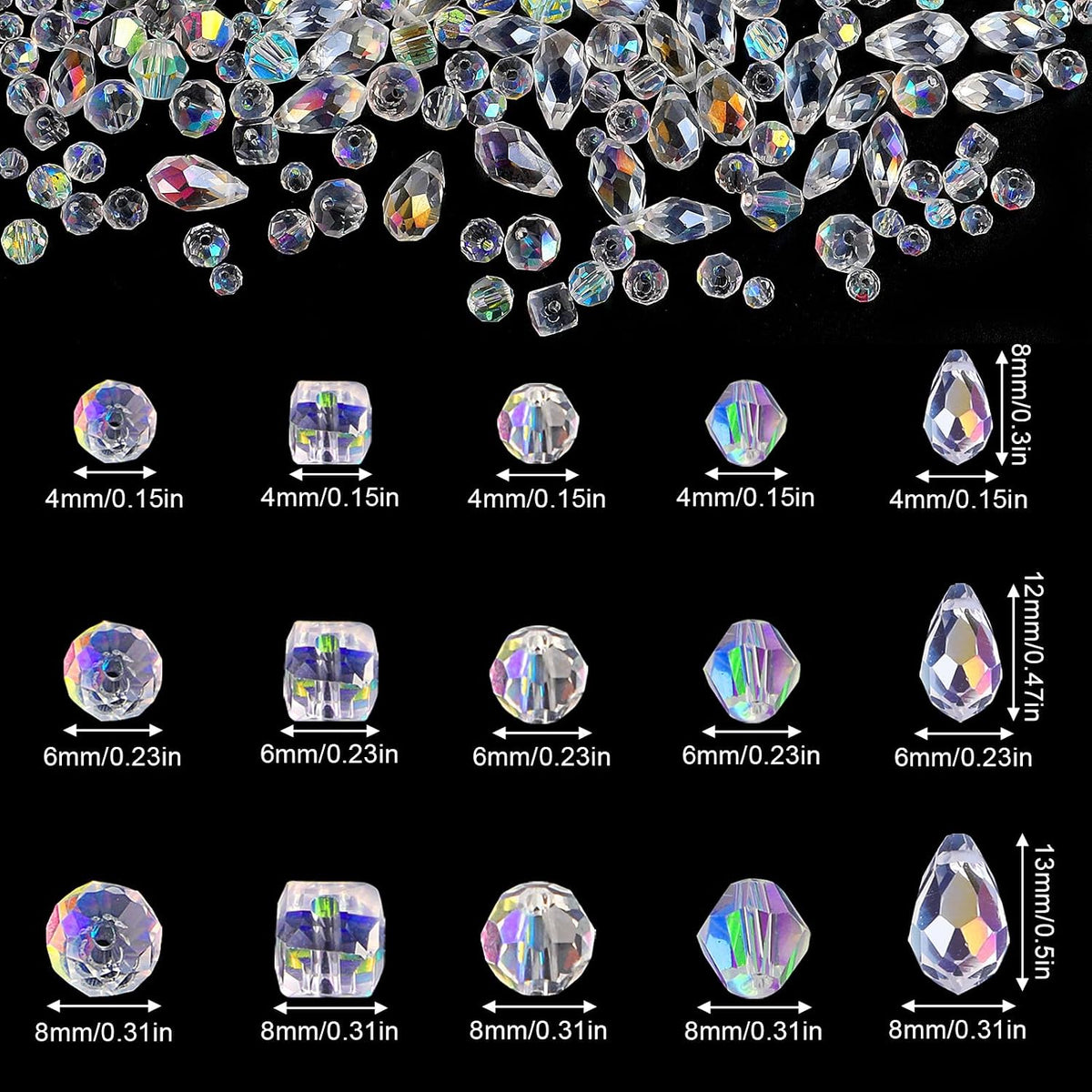 600 Pcs Crystal Glass Beads for Jewelry Making, 4/6/8mm Crystal Beads