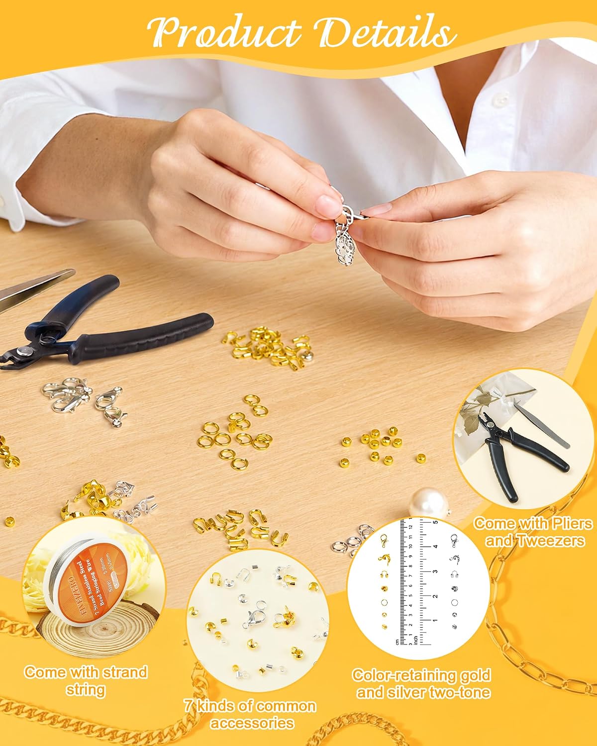 FIVEIZERO 1950 Pcs Jewelry Making Cord End Kit,Crimp Tube Beads with Organizer Box,Includes Crimp Beads, Cover, Lobster Clasp,Jump Ring,Wire Guardians,Crimping Pliers & Beading Wire for Bracelets