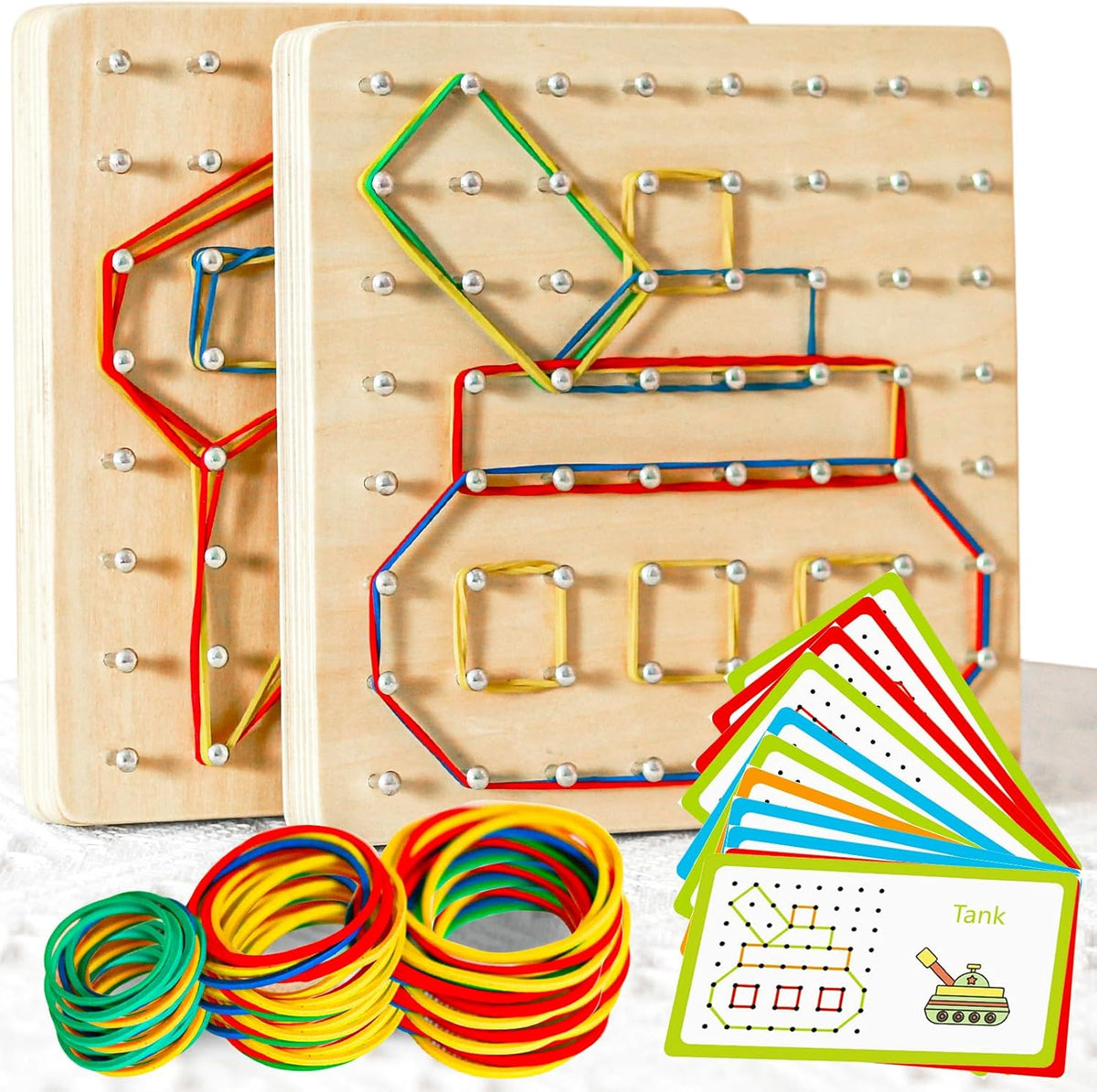 CHEROSIN 2Pack Wooden Geoboard Montessori Toys - Wood Geo Board Manipulative Geoboards for 4 5 6 Year Old Kids with Pattern Cards and Rubber Bands,Brain Teaser STEM Toy for Boys Girls Ages 3-6