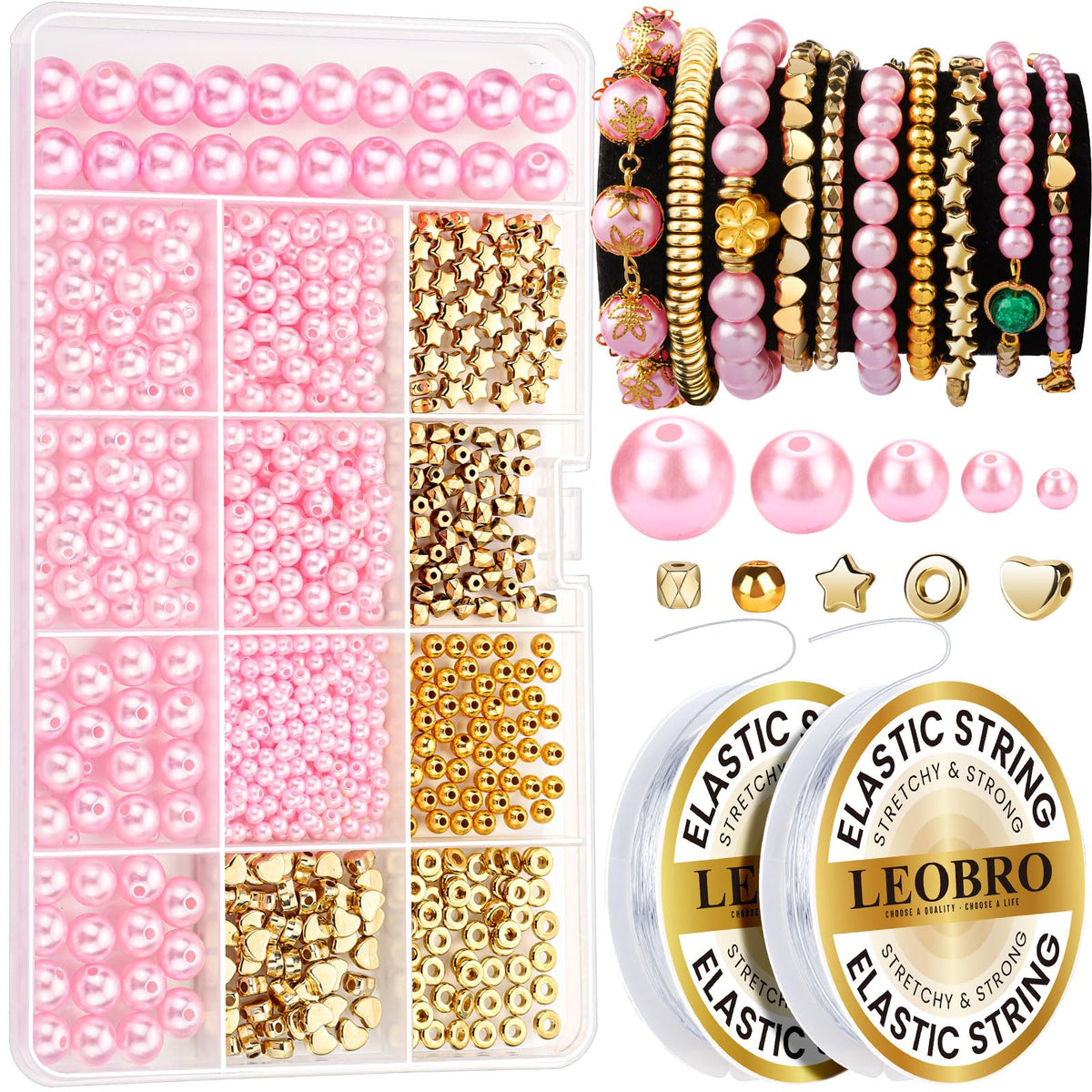 LEOBRO Pearl Beads for Bracelets, 720PCS Bracelet Making Kit for Adult, Bracelet Bead Kits, Small Pearl Beads and Gold Beads for Bracelets, Jewelry Making Kit