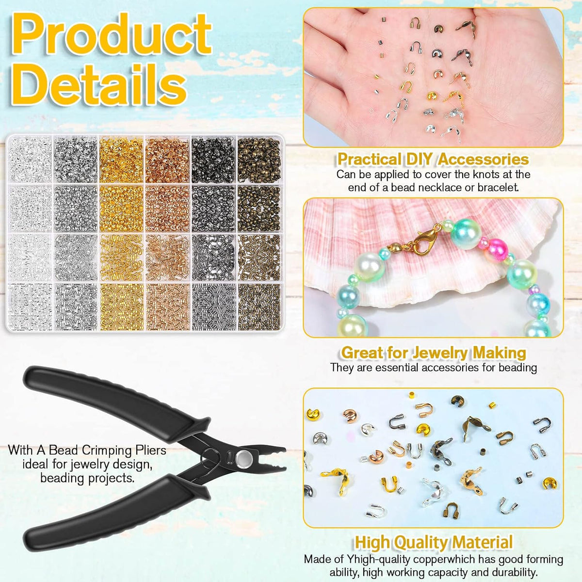 Acejoz 2251 Pieces Crimp Beads for Jewelry Making, Knot Covers, Crimp Bead Covers, Crimp Tubes and Wire Guardians with Crimping Pliers for DIY Jewelry Bracelets Necklaces Making