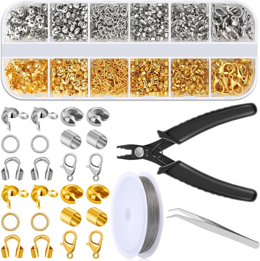 Acejoz 1203 Pcs Crimp Beads Supplies for Jewelry Making, Including Crimp Covers, Crimp Tubes and Wire Guardians, Lobster Clasps, Jump Rings, Crimping Pliers and Beading Wire for Bracelets Making