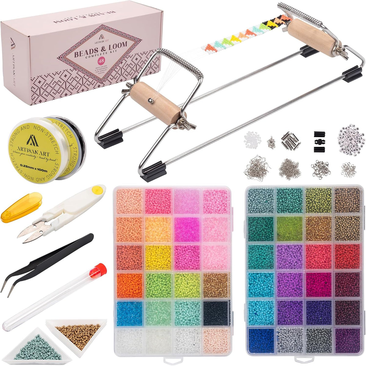 Complete Bead Loom Kit with 24,000 Colorful Glass Beads for Jewelry Making, Non-Stretch Thread and Big-Eye Beading Needles - DIY Craft Supplies Set for Creating Beaded Bracelets, Earrings, Rings