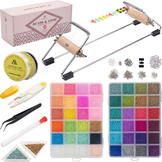 Complete Bead Loom Kit with 24,000 Colorful Glass Beads for Jewelry Making, Non-Stretch Thread and Big-Eye Beading Needles - DIY Craft Supplies Set for Creating Beaded Bracelets, Earrings, Rings