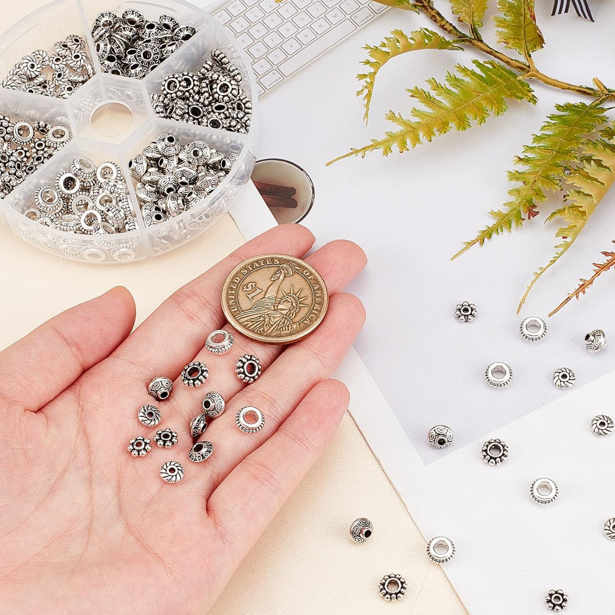 PH PandaHall 300pcs 6 Style Antique Silver Spacer Beads, Tibetan Metal Alloy Tube Spacers Flower Flat Rondelle Small Loose Beads for Bracelet Necklace Earring Jewelry Making Supplies