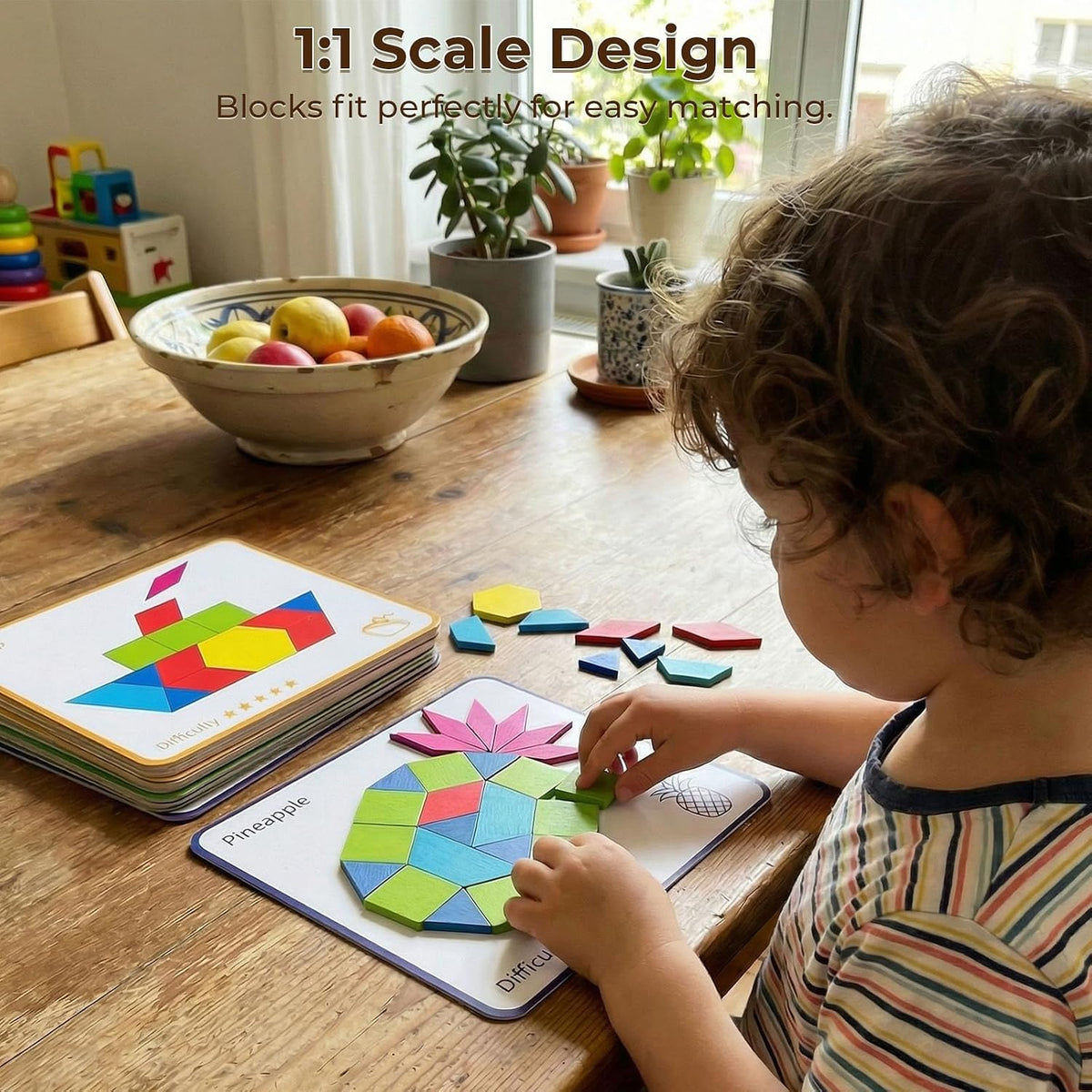 3 Otters 150Pcs Wooden Pattern Blocks Set, Geometric Tangram Shapes