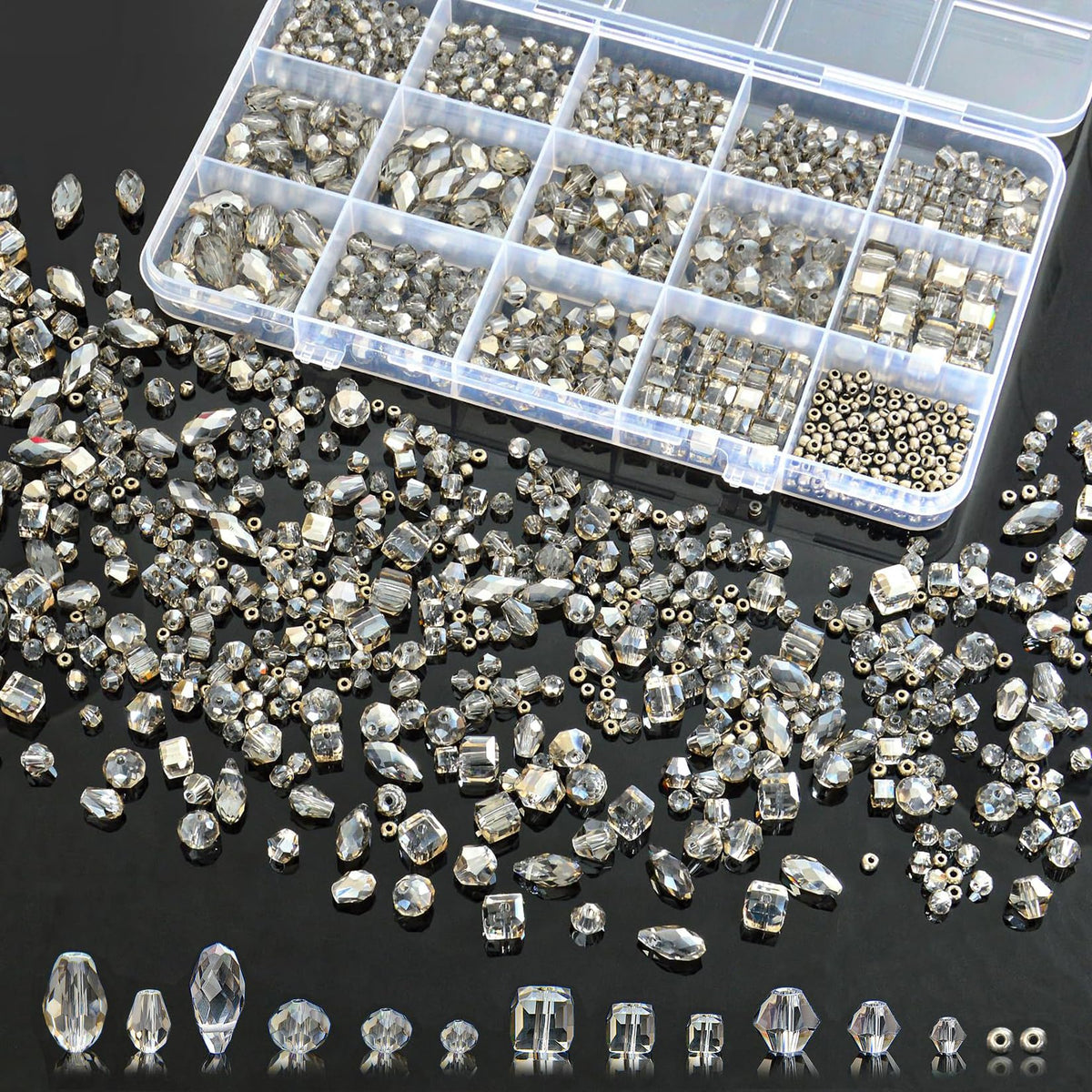 1500 Pcs Crystal Glass Beads for Jewelry Making – 12 Styles Bicone, Rondelle, Cube, Teardrop & 3mm Spacer Beads, DIY Bracelet Necklace Earring Craft Kit with Organizer Box(AB Color)