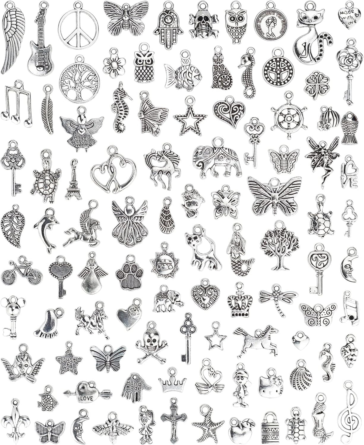 JIALEEY Wholesale Bulk Lots Jewelry Making Silver Charms Mixed Smooth Tibetan Silver Metal Charms Pendants DIY for Necklace Bracelet Jewelry Making and Crafting, 100 PCS