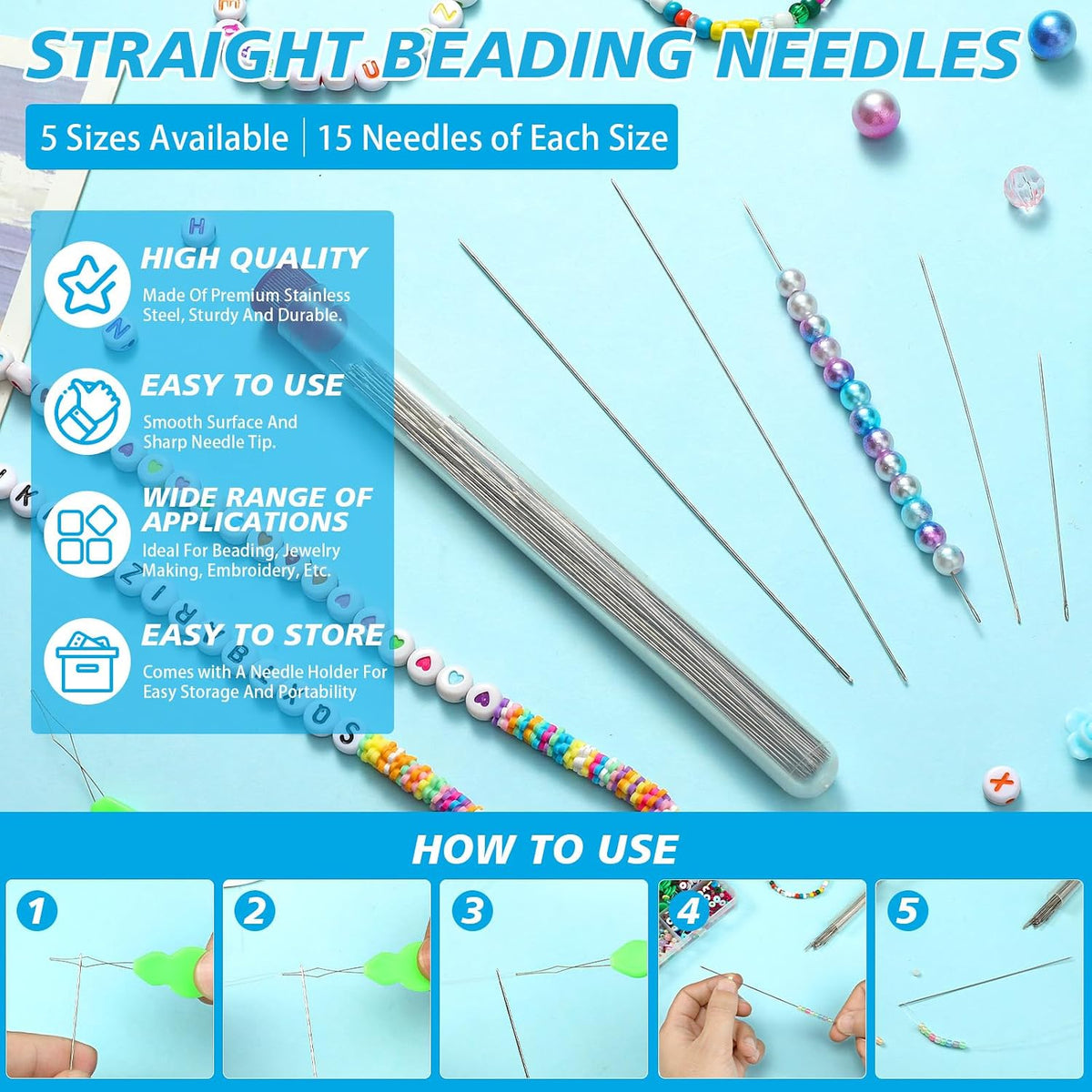 kdafio Big Eye Beading Needles Set, Long Straight Bead Needles