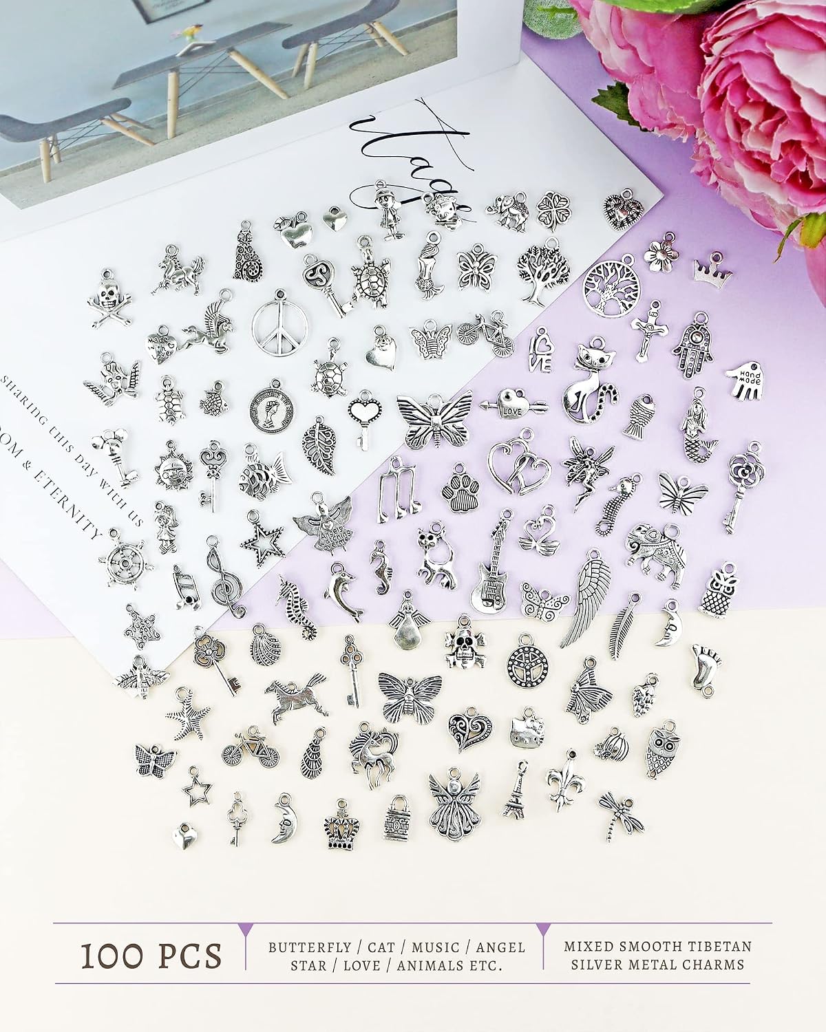 JIALEEY Wholesale Bulk Lots Jewelry Making Silver Charms Mixed Smooth Tibetan Silver Metal Charms Pendants DIY for Necklace Bracelet Jewelry Making and Crafting, 100 PCS