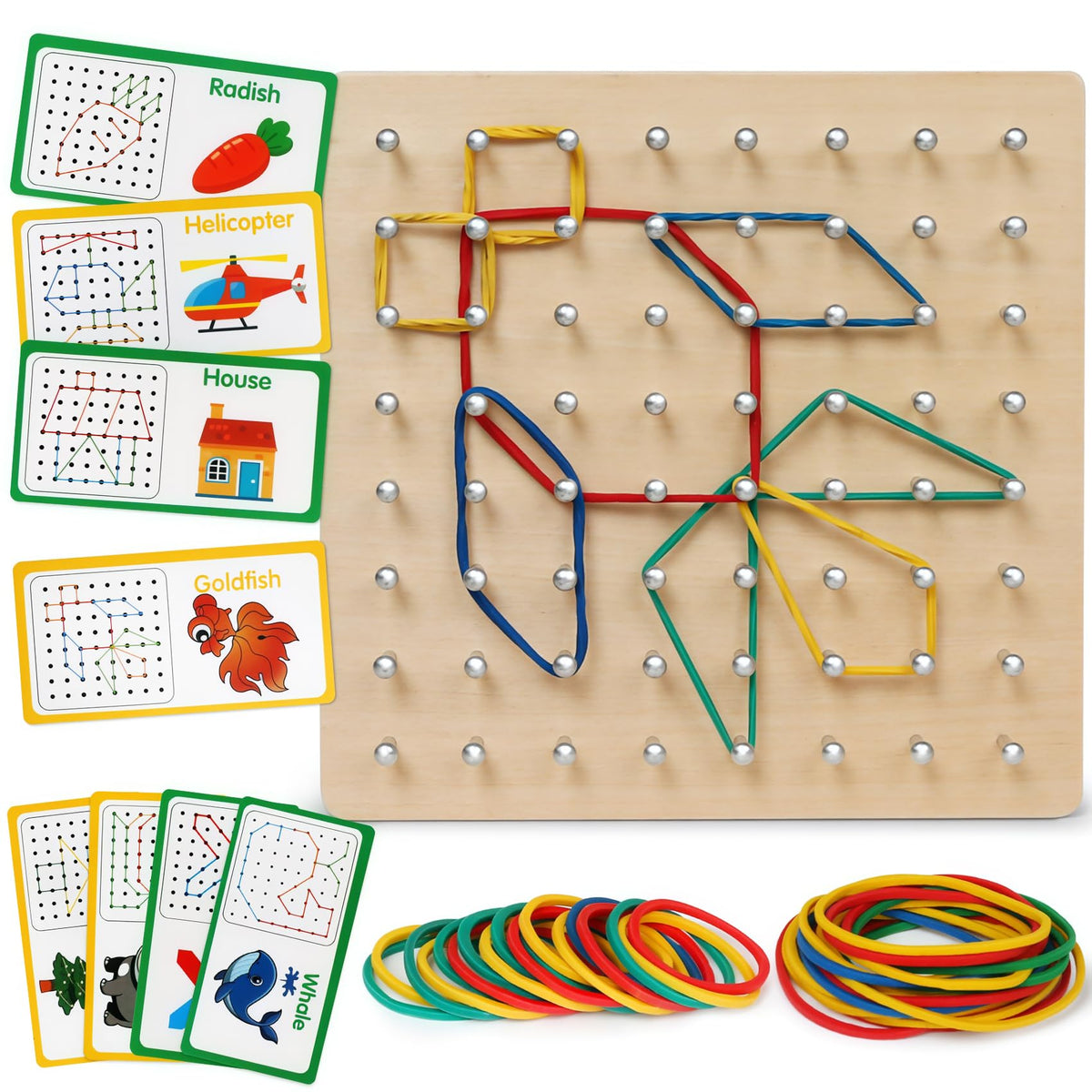 Wooden Geoboard, Montessori STEM Toy with Pattern Blocks for Kids Ages 3+