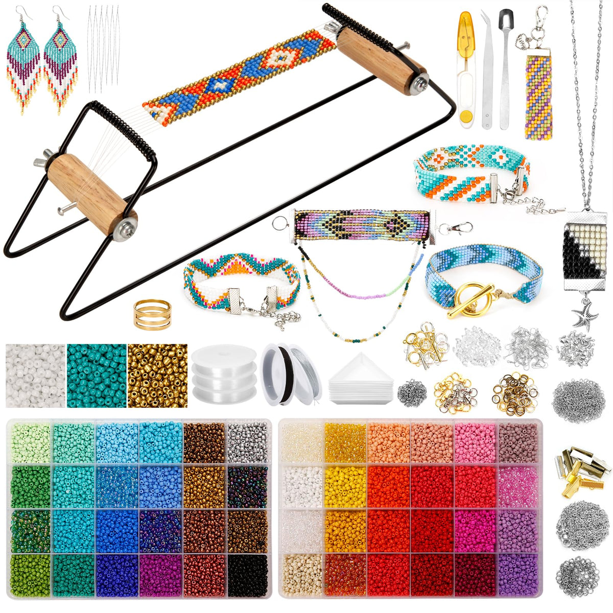 PP OPOUNT Bead Loom Kit, Beading Supplies with 9700 PCS Seed Beads, Tray, Scissors Making Accessories, Beading Loom Kits for Adults Jewelry Making Bracelets Belts