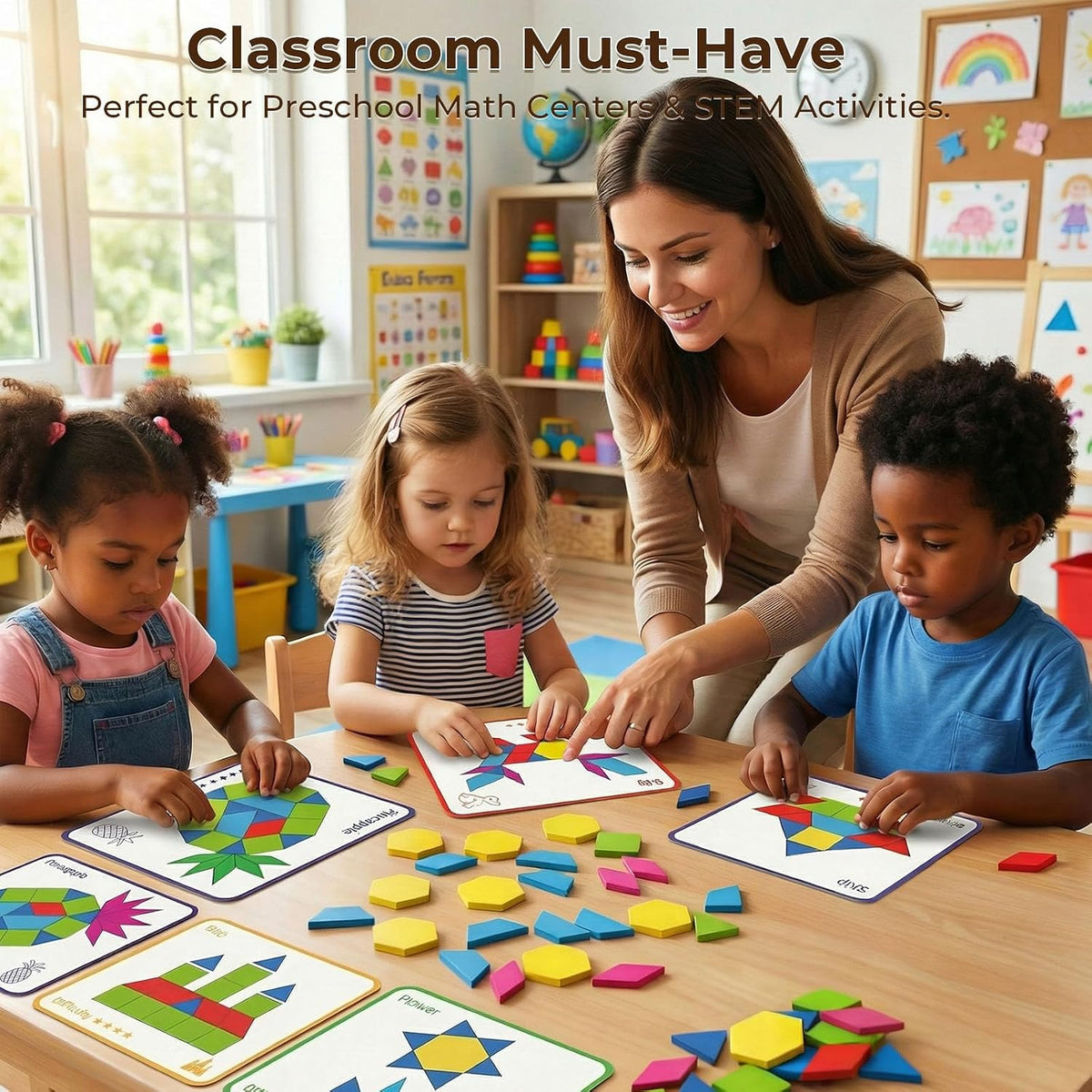 3 Otters 150Pcs Wooden Pattern Blocks Set, Geometric Tangram Shapes