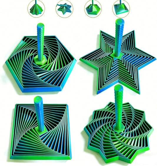 4PCS 3D Printed Fidget Toys for Adults – Multi-Layer Geometric Shapes with Handle, ASMR Clicking Sound, Stress Relief Toy for Anxiety & Focus (Gold+Green+Blue)